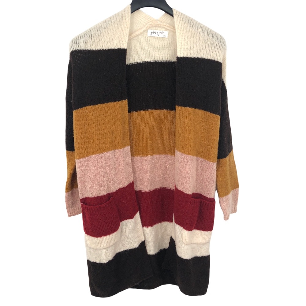 Fall Cream Red mustard Striped Knit Open Long Cardigan Duster W/Pockets S